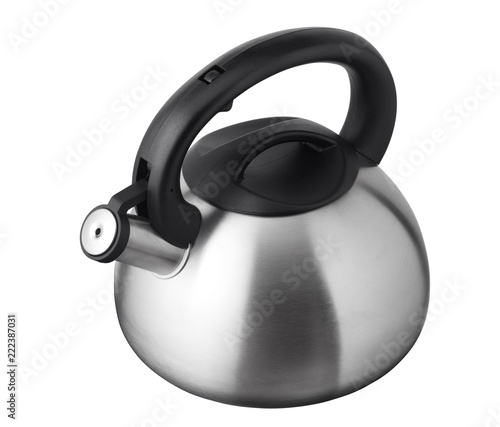 Stainless steel whistling tea kettle isolated on white background