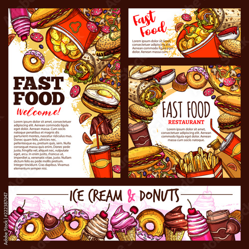 Fast food burgers, pizza and dessert vector sketch
