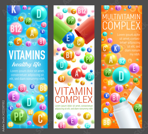 Multivitamin health complex pills vector banners