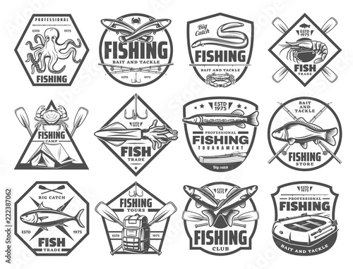 Fish and seafood fishing club vector icons