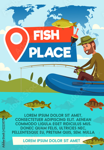 Fisher catch on fishing place vector poster