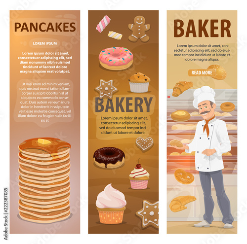 Bakery bread, desserts and baker vector banners