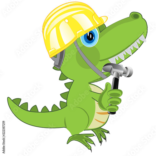 Dinosaur in building helmet and with gavel in paw