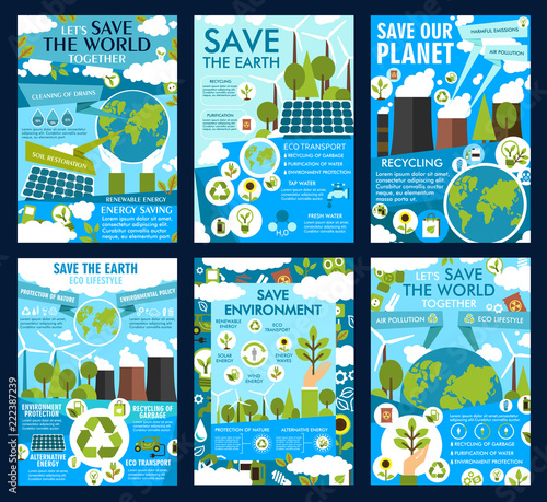 Save Earth and green eco planet vector posters