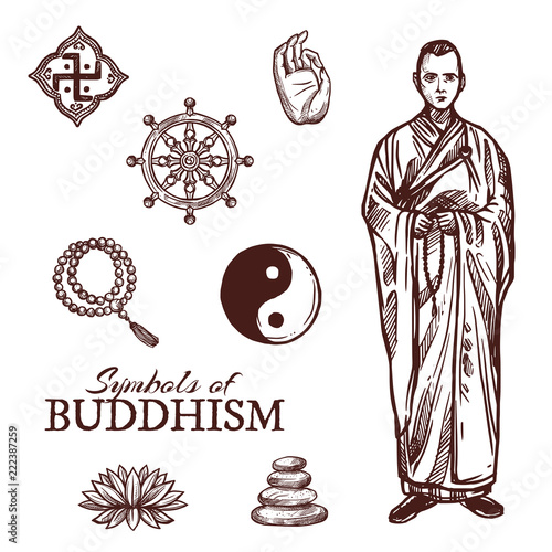 Buddhism religion symbols and vector sketch signs