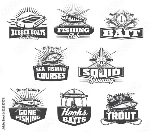 Sea fishing courses. Fisher club adventure icons