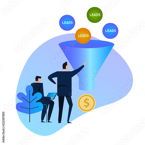Leads generation. Sales funnel. balls entering into a conversion funnel and then output as money, conceptual Business or Marketing concept