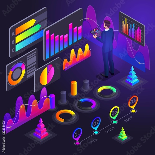 Isometry of business men, businessmen holographic bright colored graphics, profit indicators, revenue growth analytics, reports, diagrams, finance, money, growth