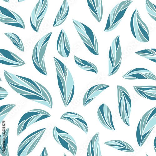 Seamless vector floral pattern with abstract blue leaves on white background.