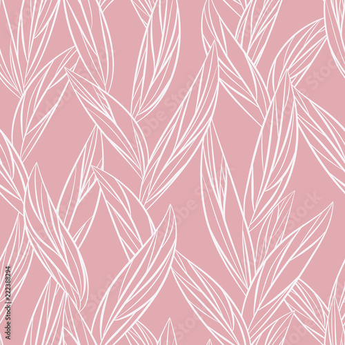 Seamless vector floral pattern with abstract outline leaves on pink background.