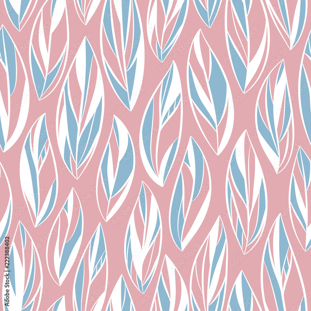 Seamless vector floral pattern with abstract leaves in pink, white, and blue colors. Directional print. Seamless vector floral pattern with abstract leaves in pink, white, and blue colors. Directional print.