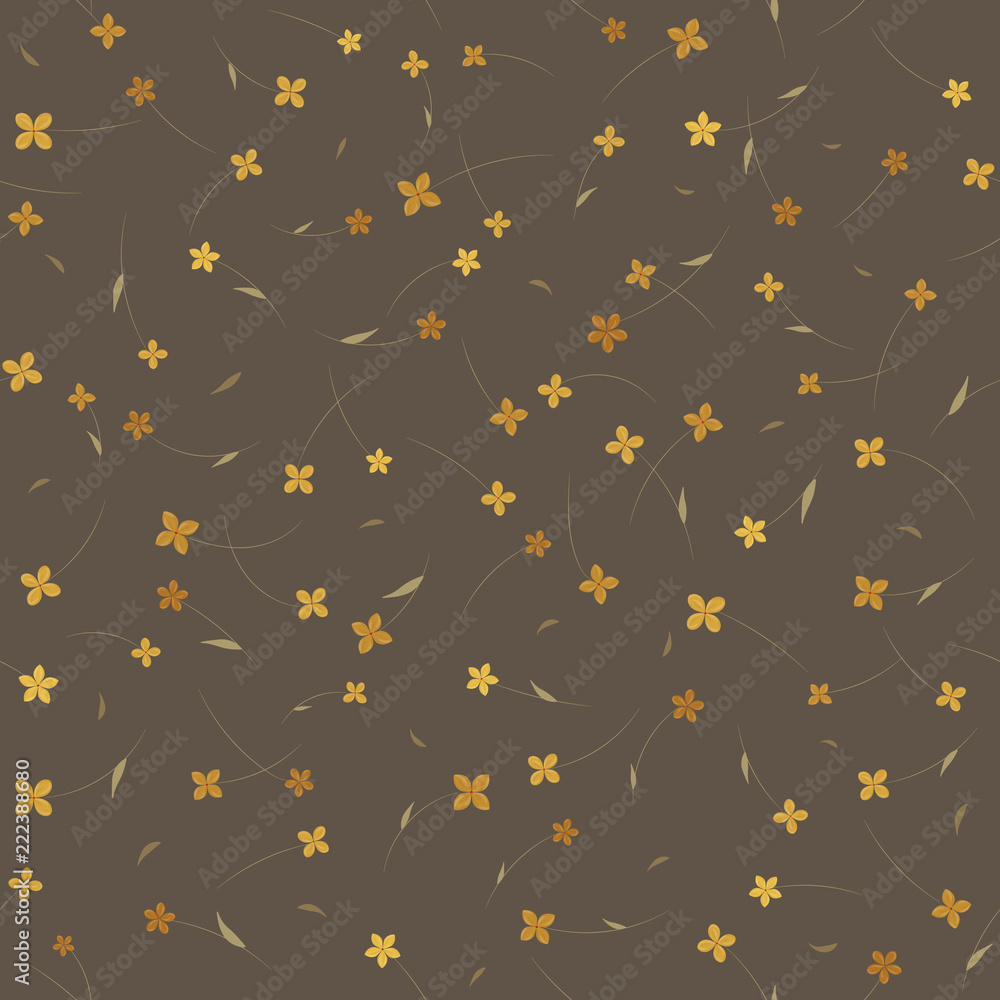 Seamless floral pattern with small gold flowers on dark background. Ditsy print.