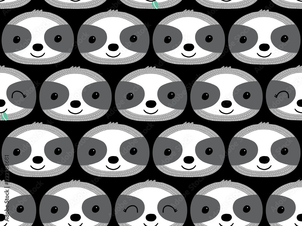vector seamless pattern of cute smiling sloth faces on a black background vector seamless pattern of cute smiling sloth faces on a black background