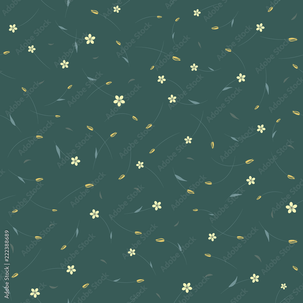 Seamless floral pattern with small white flowers on dark sea-green background. Ditsy print.