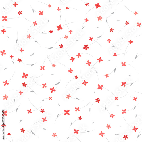 Seamless floral pattern with small pink and red flowers on white background. Ditsy print.
