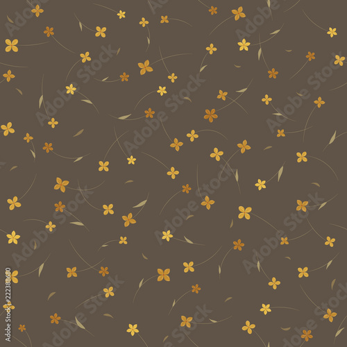 Seamless floral pattern with small gold flowers on dark background. Ditsy print.