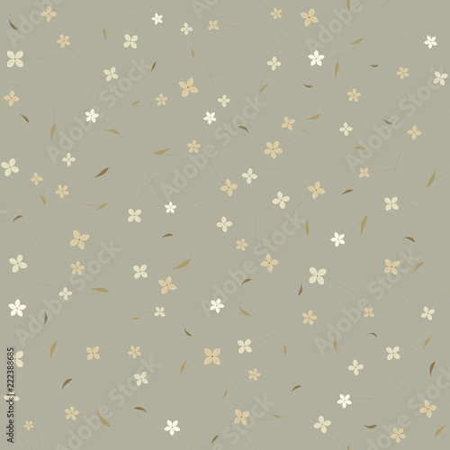 Seamless floral pattern with small flowers in monotone colors on light gray background. Ditsy print.