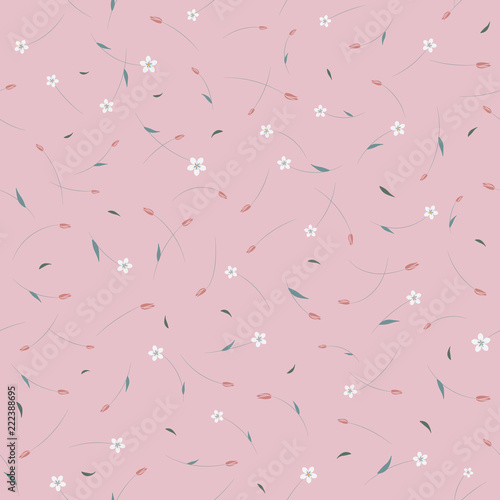Seamless floral pattern with small white and pink flowers on baby-pink background. Ditsy print.
