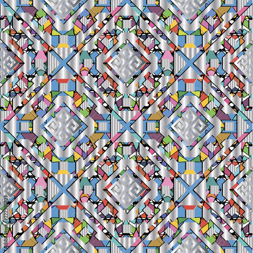 Colorful geometric ornate seamless pattern. Silver textured patterned background. Greek key meander ornaments. Multicolor bright geometry shapes, rhombus, chains. Abstract modern surface texture. photo