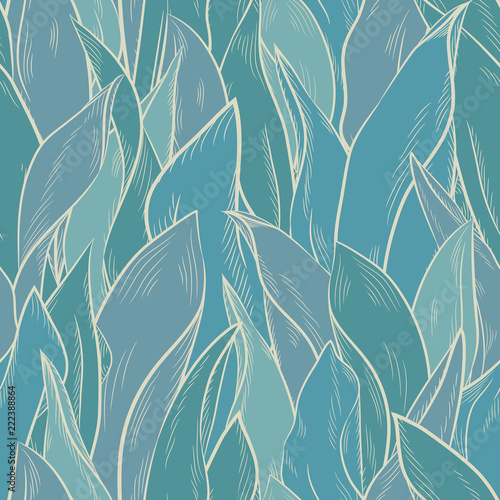 Fototapeta Naklejka Na Ścianę i Meble -  Seamless vector floral pattern with abstract leaves in monochrome blue colors.