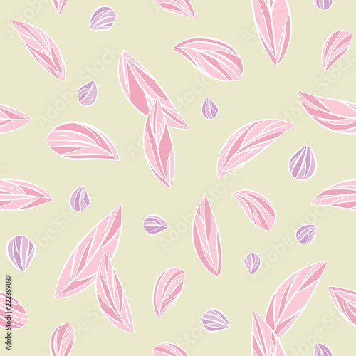 Seamless floral pattern with abstract pink leaves scattered random in pastel colors