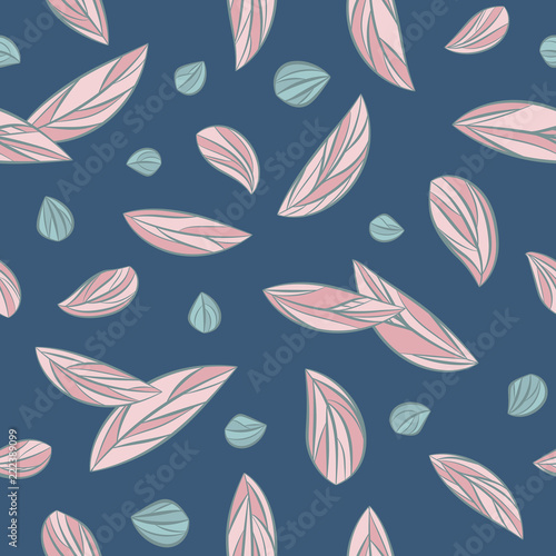 Seamless floral pattern with abstract pink leaves scattered random on blue background