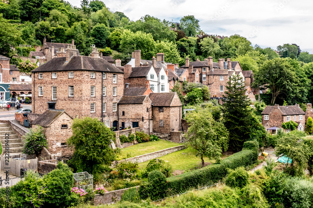 Houses and the River Severn in Iron Bridge Gorge in Shropshire, England 