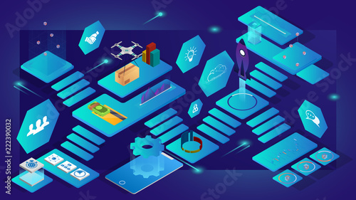 Isometric virtual office: mobile devices, business management, online communication and finance concept
