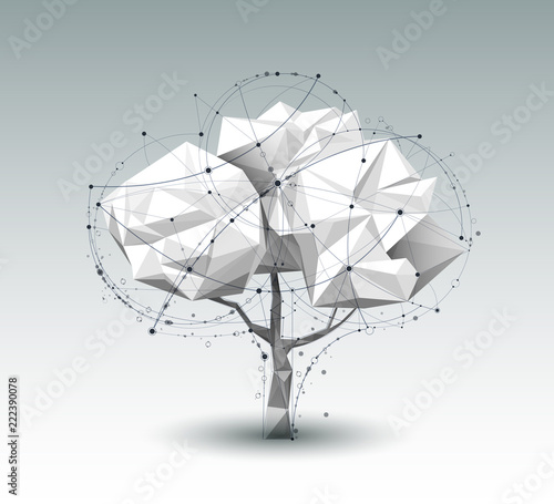 Abstract Molecules with line, node,geometric,low poly tree, polygon and triangle. Vector design network connection technology on bright gray background. Futuristic, science, network technology concept