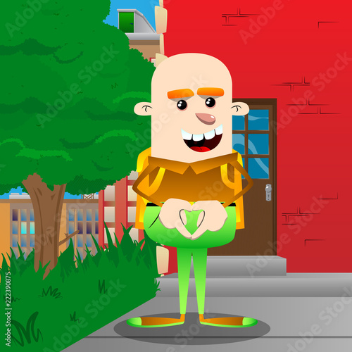 Schoolboy with heart shape hand gesture. Vector cartoon character illustration.