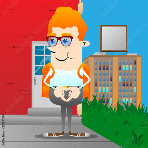 Schoolboy with heart shape hand gesture. Vector cartoon character illustration.