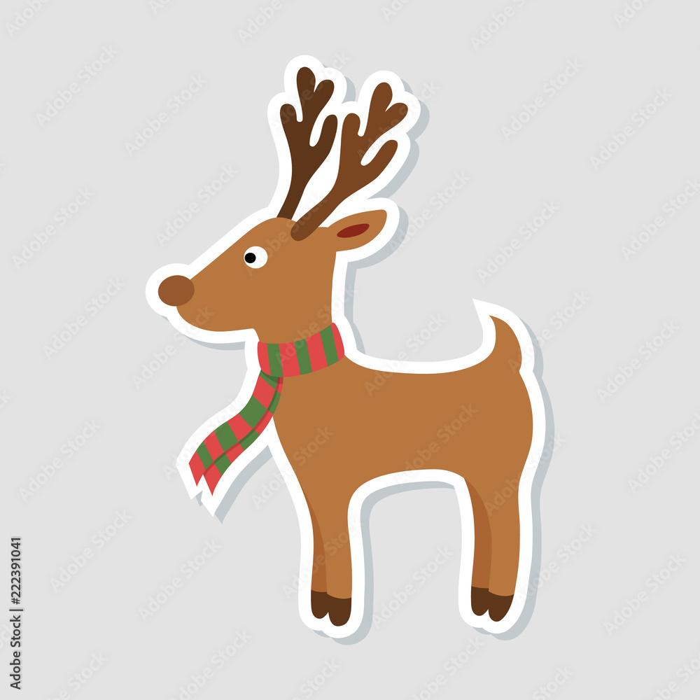 Christmas sticker. Cartoon rudolph deer with red scarf on white background. Winter icon. Vector illustration. Christmas sticker. Cartoon rudolph deer with red scarf on white background. Winter icon. Vector illustration.