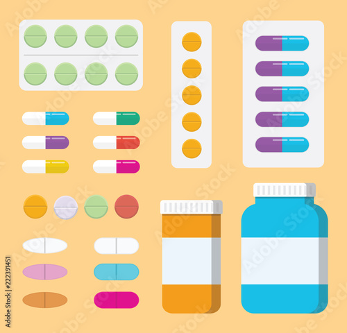 a set of collection pills medicine or medical healthcare with bottle and tablet