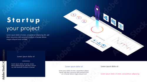 3D illustration of rocket with infographic elements and ultraviolet rays for Business Startup concept 