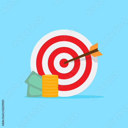 Target money illustration flat, arrow at center of target board and money, flat design vector illustration