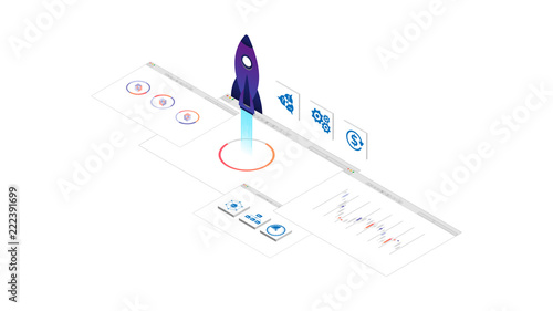 3D illustration of rocket with infographic elements and ultraviolet rays for Business Startup concept 