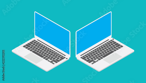 laptop isometric with blue screen angle left and right