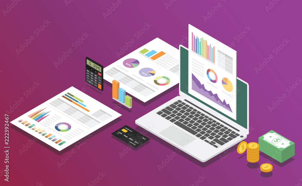 business marketing digital report with isometric style with laptoip computer finance document graph and chart