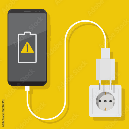 Smartphone charger adapter vector flat, smartphone, electric socket, adapter, notification damaged battery, flat design vector illustration