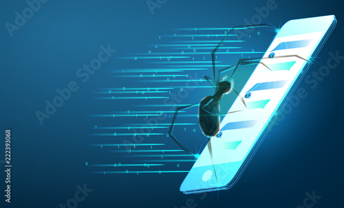 Spider and torn web. Abstract image of a starry sky or space, consisting of points, lines, and shapes in the form of stars and the universe. Low poly vector