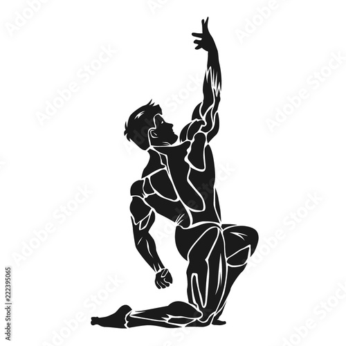 Bodybuilding, fitness, athlete flexing his muscles, icon, vector illustration