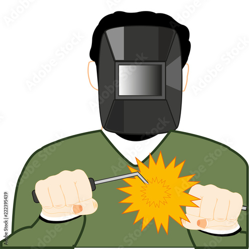 Man welder in mask works with welding
