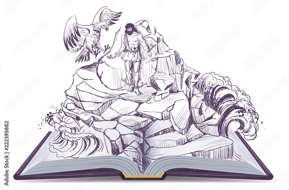 Fototapeta premium Open book illustration of legend of Prometheus eagle pecks liver