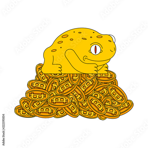 Frog and bitcoin. Chinese symbol of wealth. Crypto currency and toad. Miner photo