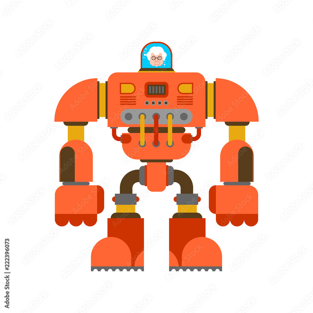 Robot Exoskeleton grandmother. Grandma Cyborg warrior future. Vector illustration Robot Exoskeleton grandmother. Grandma Cyborg warrior future. Vector illustration