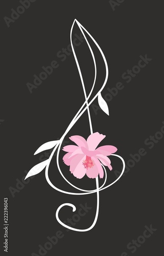 Treble clef in shape of pink cosmos flower isolated on black background. Musical logo in vector. Banner, greeting or invitation card.