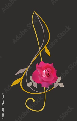 Treble clef in shape of red rose with golden stem isolated on black background. Musical logo in vector.