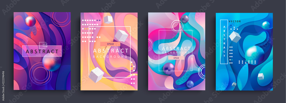 Set of 4 Abstract gradient backgrounds and baners with wavy shapes, circles, cubes and balls. Colorful and digital backdrop for the advertise and marketing in dynamic, fluid forms.Vector illustration.
