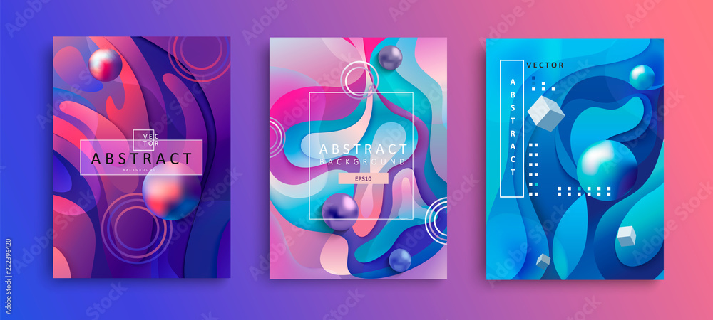 Set of Abstract geometric gradient background with wavy shapes, circles, cubes and balls. Colorful and digital backdrop for the advertise and marketing in dynamic, fluid forms. Vector illustration.