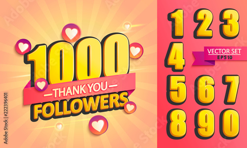Set of numbers for Thanks followers design.Thank you followers congratulation card. Vector illustration for Social Networks. Web user or blogger celebrates and tweets a large number of subscribers.
